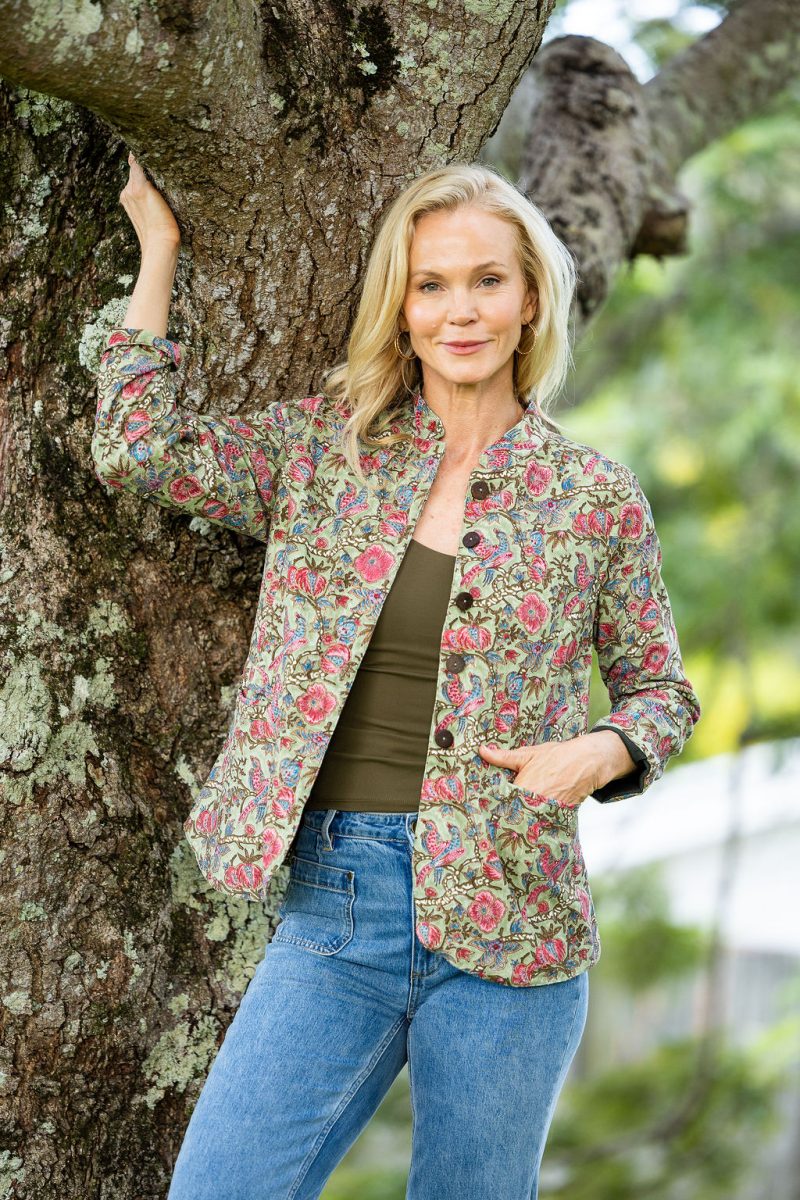 Womens, Tilbra Jacket, long sleeve, 100% cotton corduroy, hand block print. In green & pink, Birds of Paradise print