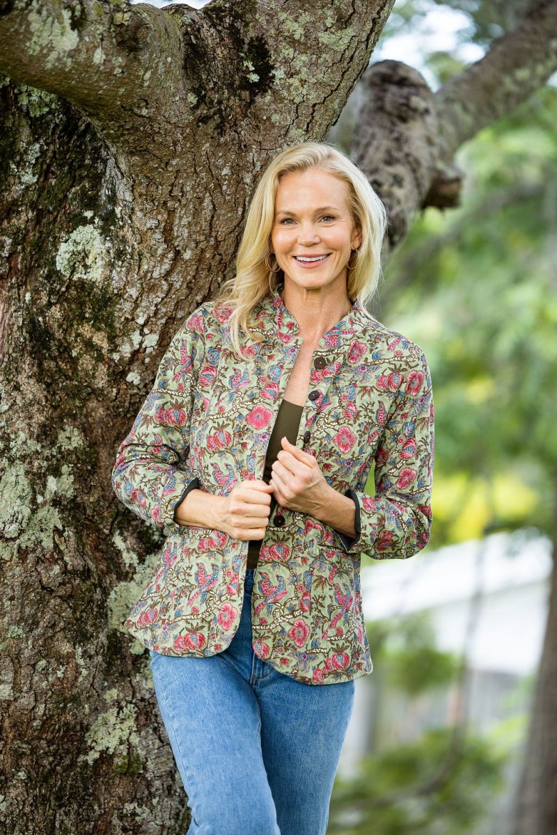 Womens, Tilbra Jacket, long sleeve, 100% cotton corduroy, hand block print. In green & pink, Birds of Paradise print