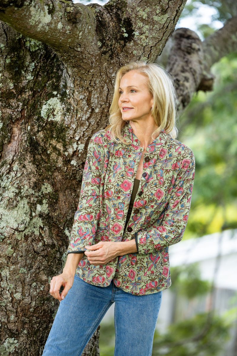 Womens, Tilbra Jacket, long sleeve, 100% cotton corduroy, hand block print. In green & pink, Birds of Paradise print