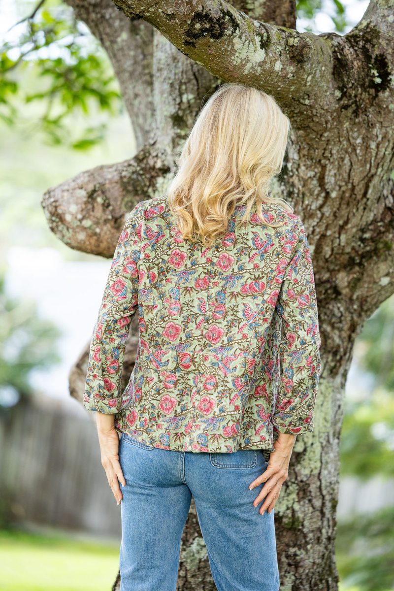 Womens, Tilbra Jacket, long sleeve, 100% cotton corduroy, hand block print. In green & pink, Birds of Paradise print