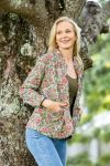 Womens, Tilbra Jacket, long sleeve, 100% cotton corduroy, hand block print. In green & pink, Birds of Paradise print