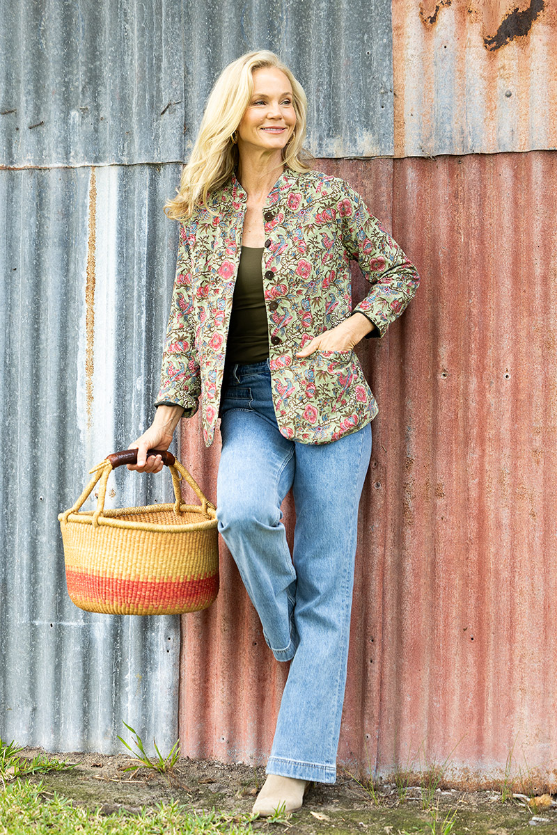 Womens, Tilbra Jacket, long sleeve, 100% cotton corduroy, hand block print. In green & pink, Birds of Paradise print