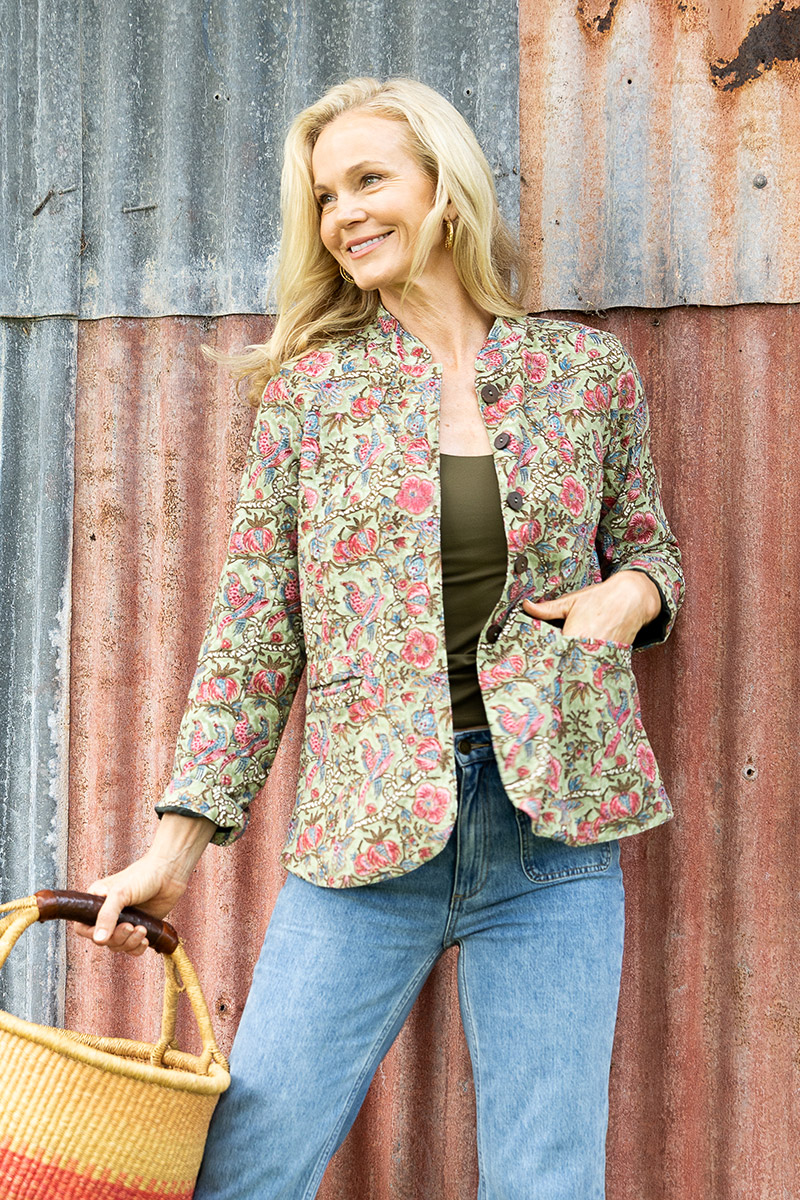 Womens, Tilbra Jacket, long sleeve, 100% cotton corduroy, hand block print. In green & pink, Birds of Paradise print