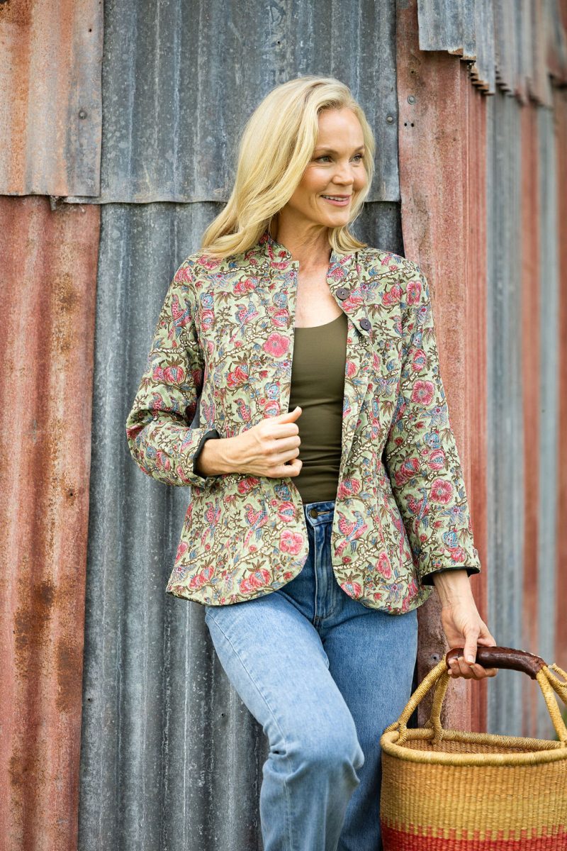 Womens, Tilbra Jacket, long sleeve, 100% cotton corduroy, hand block print. In green & pink, Birds of Paradise print