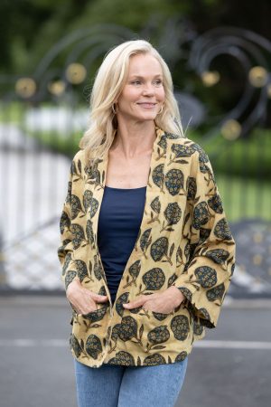 Womens, Lotus Jacket, full sleeve, 100% cotton, hand block print. Natural dye, figs on sepia - Harvest.