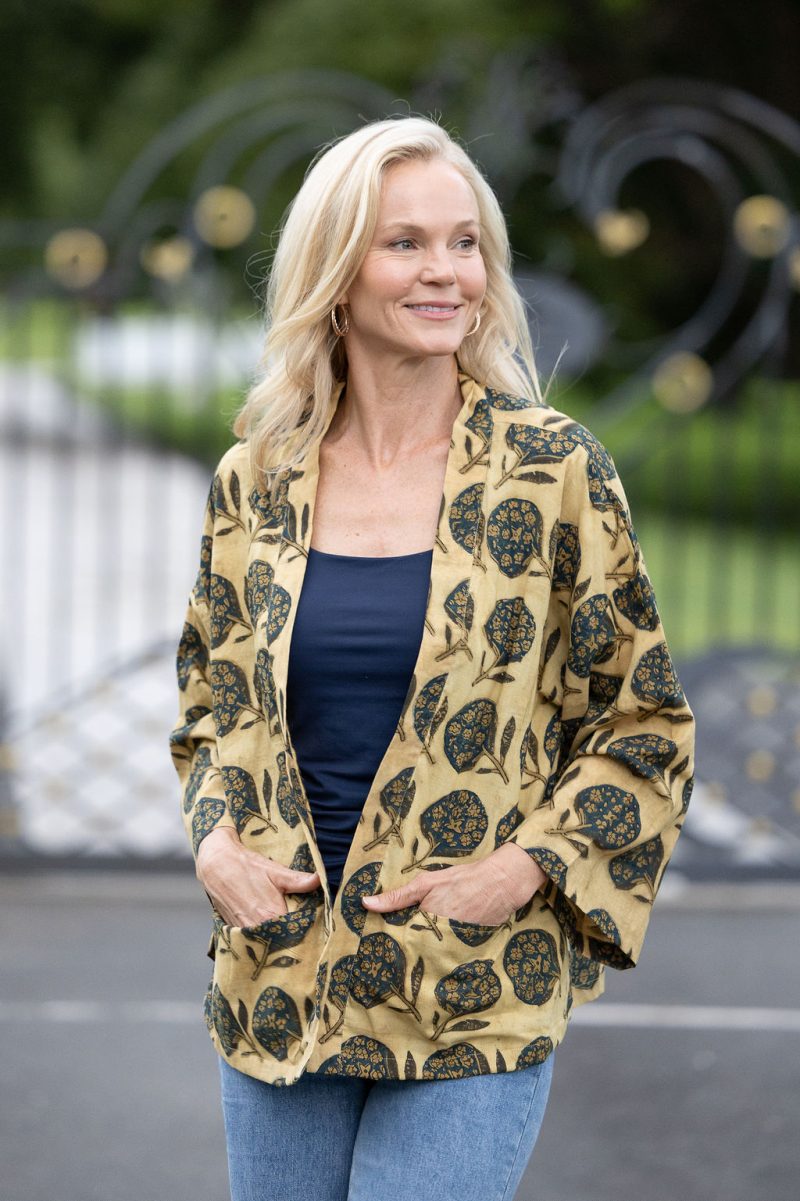 Womens, Lotus Jacket, full sleeve, 100% cotton, hand block print. Natural dye, figs on sepia - Harvest.