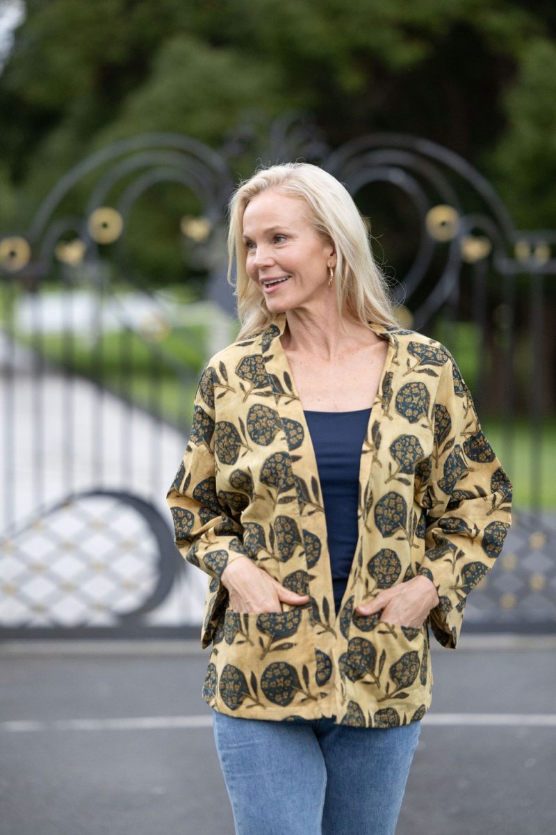 Womens, Lotus Jacket, full sleeve, 100% cotton, hand block print. Natural dye, figs on sepia - Harvest.