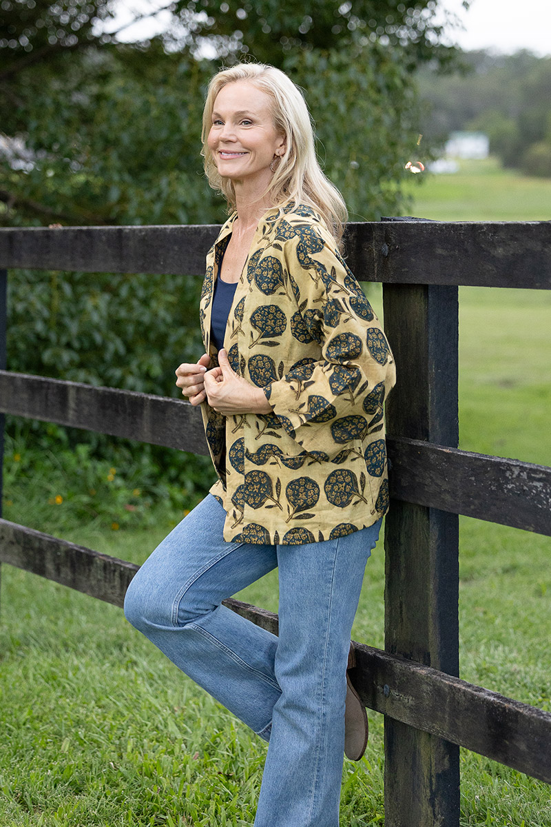 Womens, Lotus Jacket, full sleeve, 100% cotton, hand block print. Natural dye, figs on sepia - Harvest.