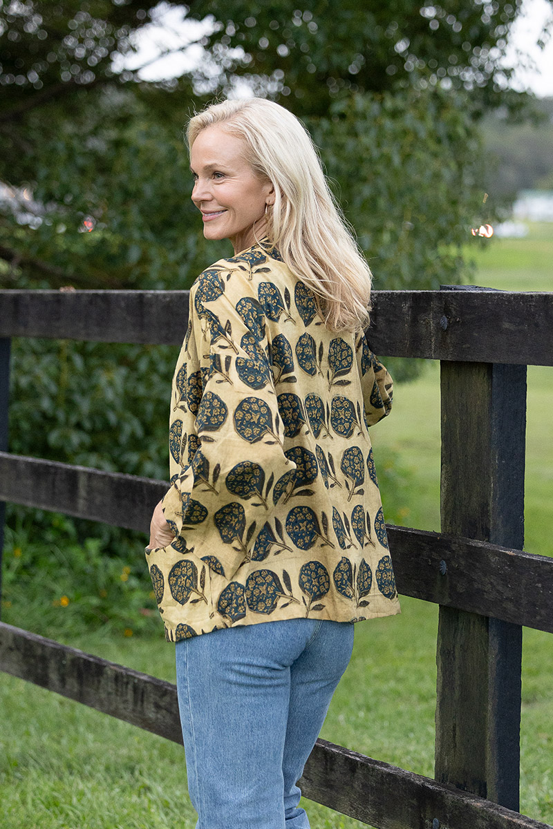 Womens, Lotus Jacket, full sleeve, 100% cotton, hand block print. Natural dye, figs on sepia - Harvest.