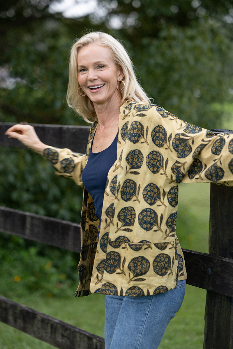 Womens, Lotus Jacket, full sleeve, 100% cotton, hand block print. Natural dye, figs on sepia - Harvest.