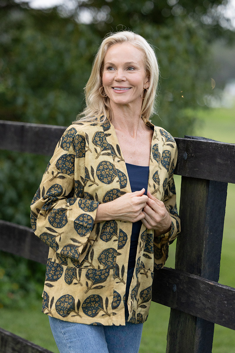 Womens, Lotus Jacket, full sleeve, 100% cotton, hand block print. Natural dye, figs on sepia - Harvest.