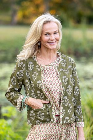Womens, Yashti Reversible Jacket, full sleeve, 100% cotton, hand block print. Heirloom floral + Olive motif - Camille