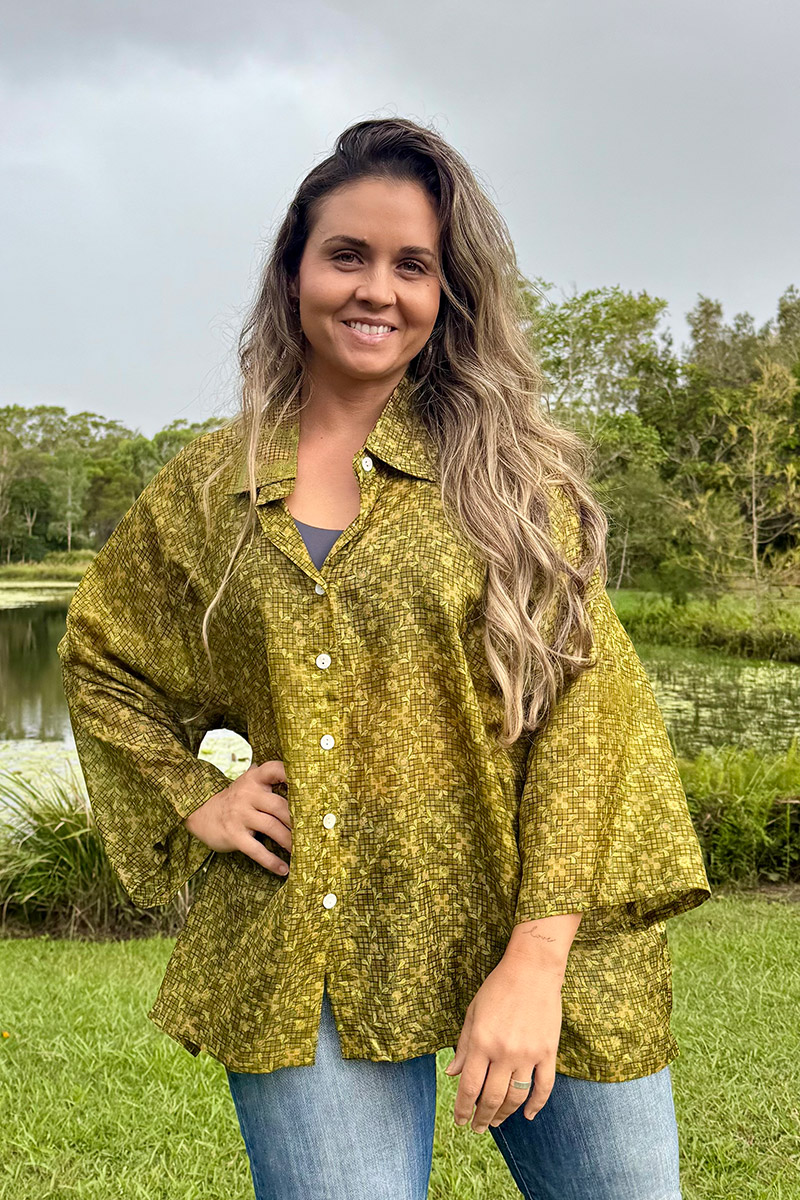 Womens, Vintage Sari Amira blouse, Silk, Olive Green, Mantis