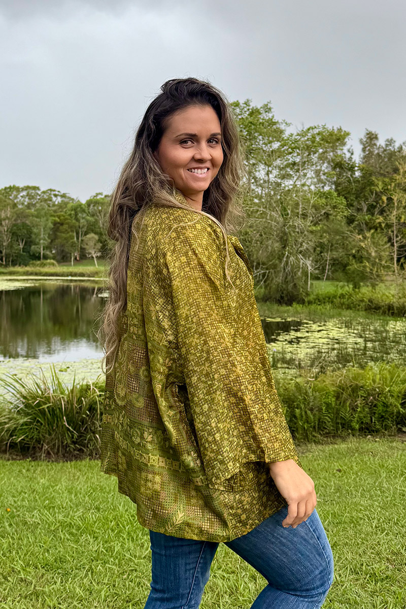 Womens, Vintage Sari Amira blouse, Silk, Olive Green, Mantis