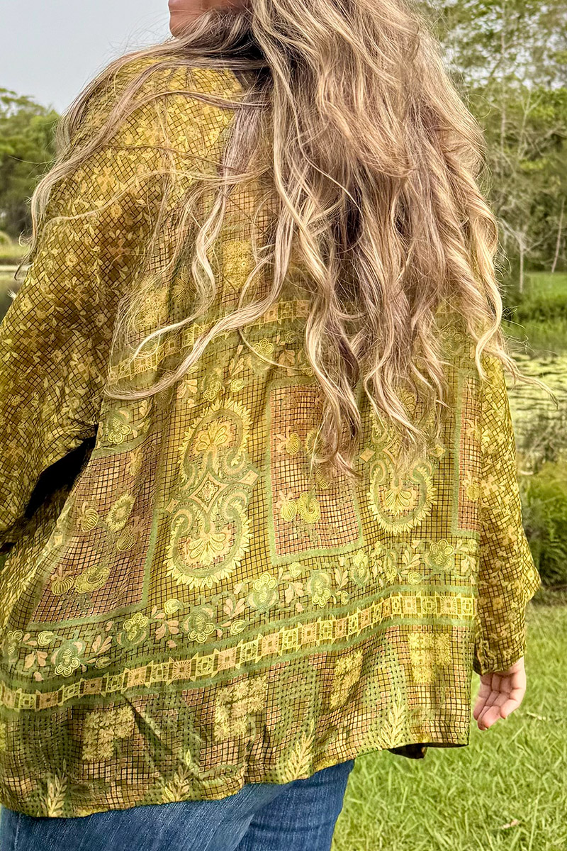 Womens, Vintage Sari Amira blouse, Silk, Olive Green, Mantis