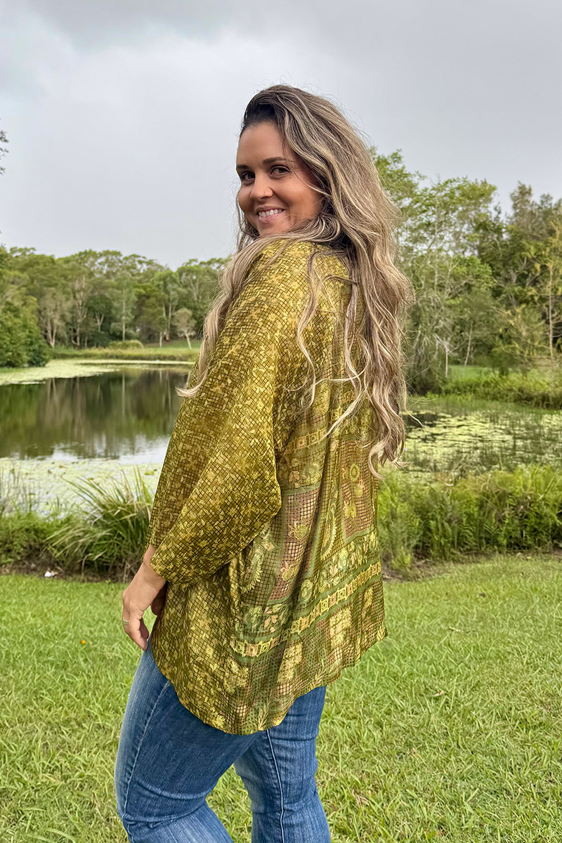Womens, Vintage Sari Amira blouse, Silk, Olive Green, Mantis