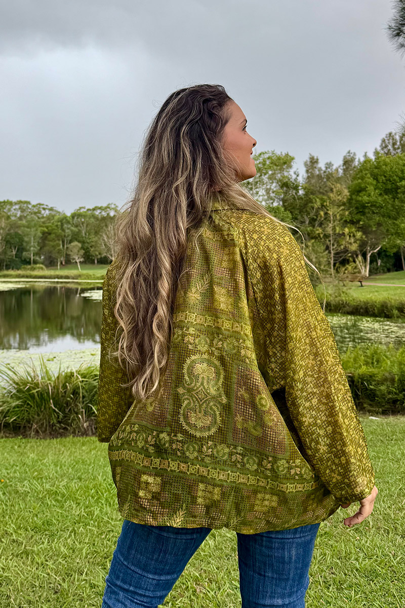 Womens, Vintage Sari Amira blouse, Silk, Olive Green, Mantis