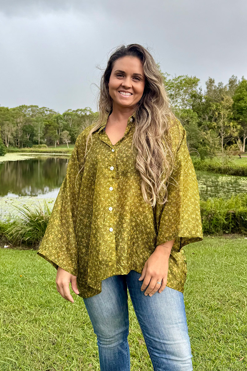 Womens, Vintage Sari Amira blouse, Silk, Olive Green, Mantis