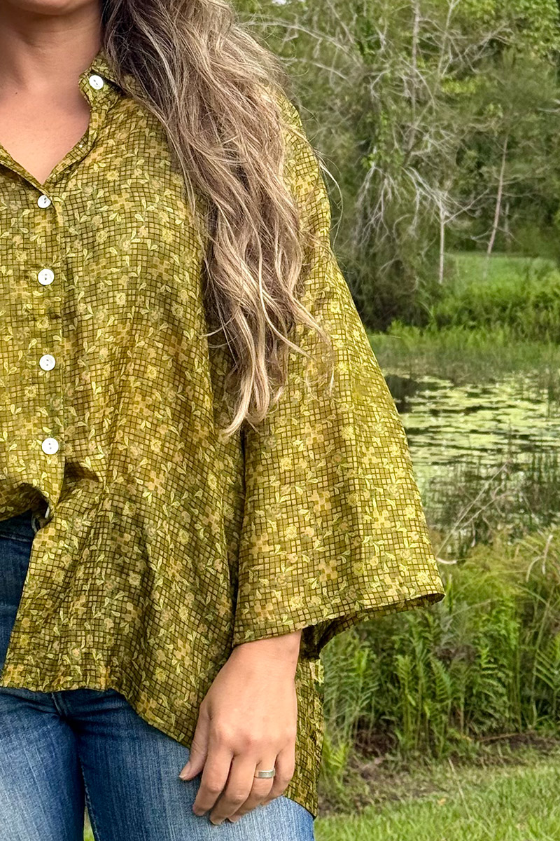 Womens, Vintage Sari Amira blouse, Silk, Olive Green, Mantis