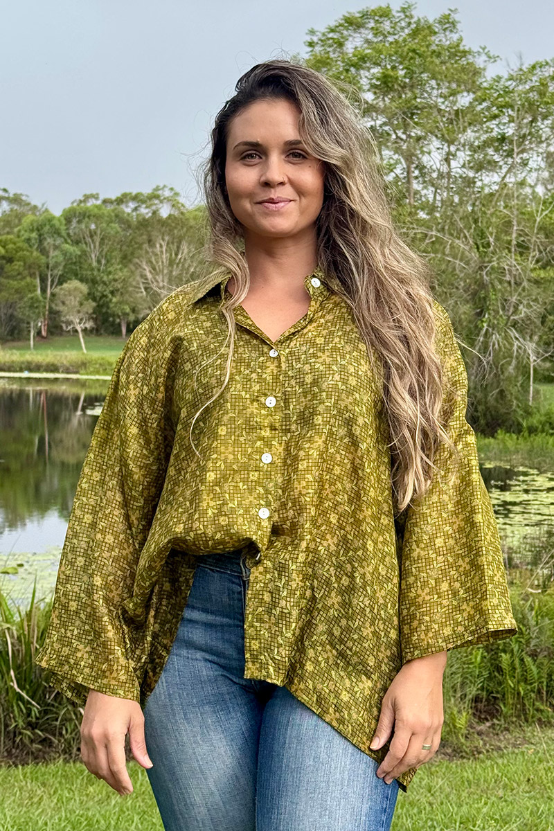 Womens, Vintage Sari Amira blouse, Silk, Olive Green, Mantis