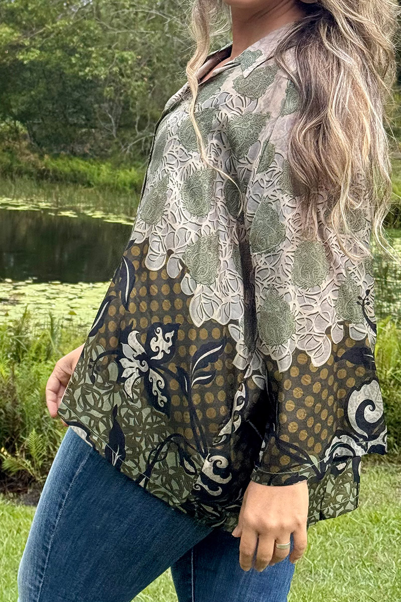 Womens, Vintage Sari Amira blouse, Silk, Earthy Green, Kombu