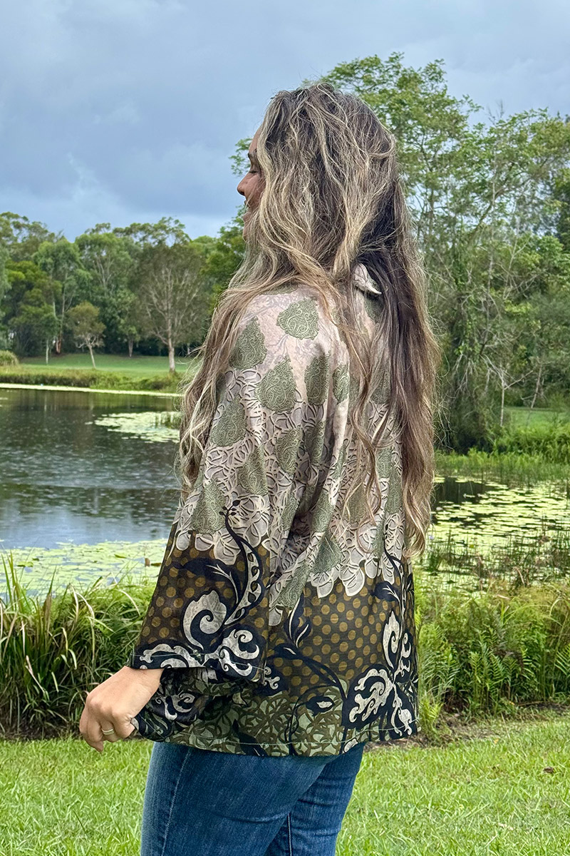 Womens, Vintage Sari Amira blouse, Silk, Earthy Green, Kombu