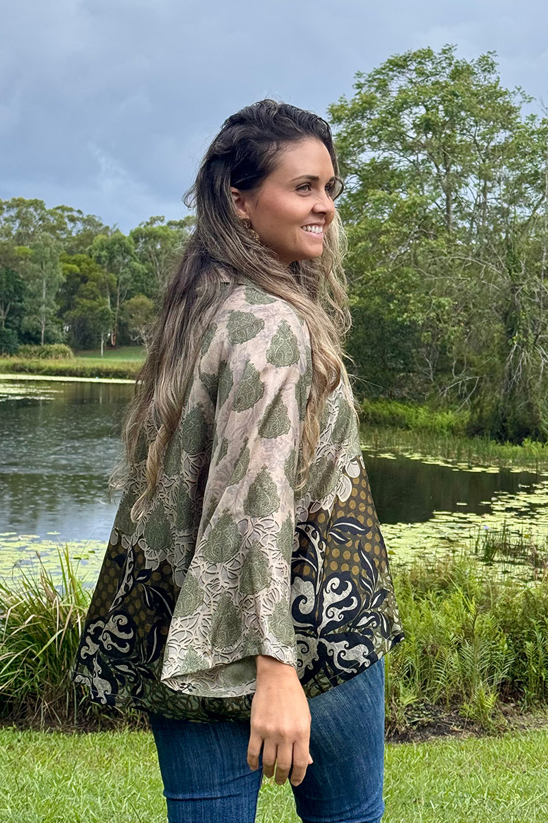 Womens, Vintage Sari Amira blouse, Silk, Earthy Green, Kombu