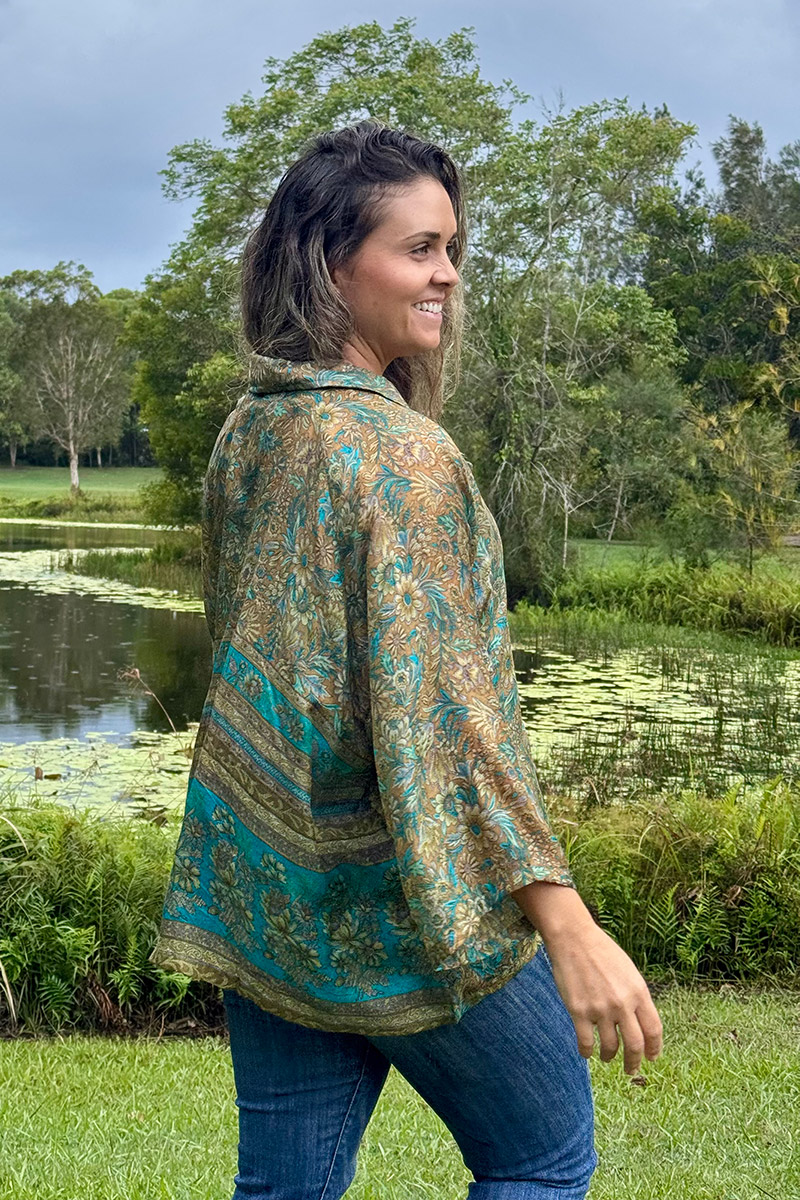 Womens, Vintage Sari Amira blouse, Silk, Earthy Green, Myrtle