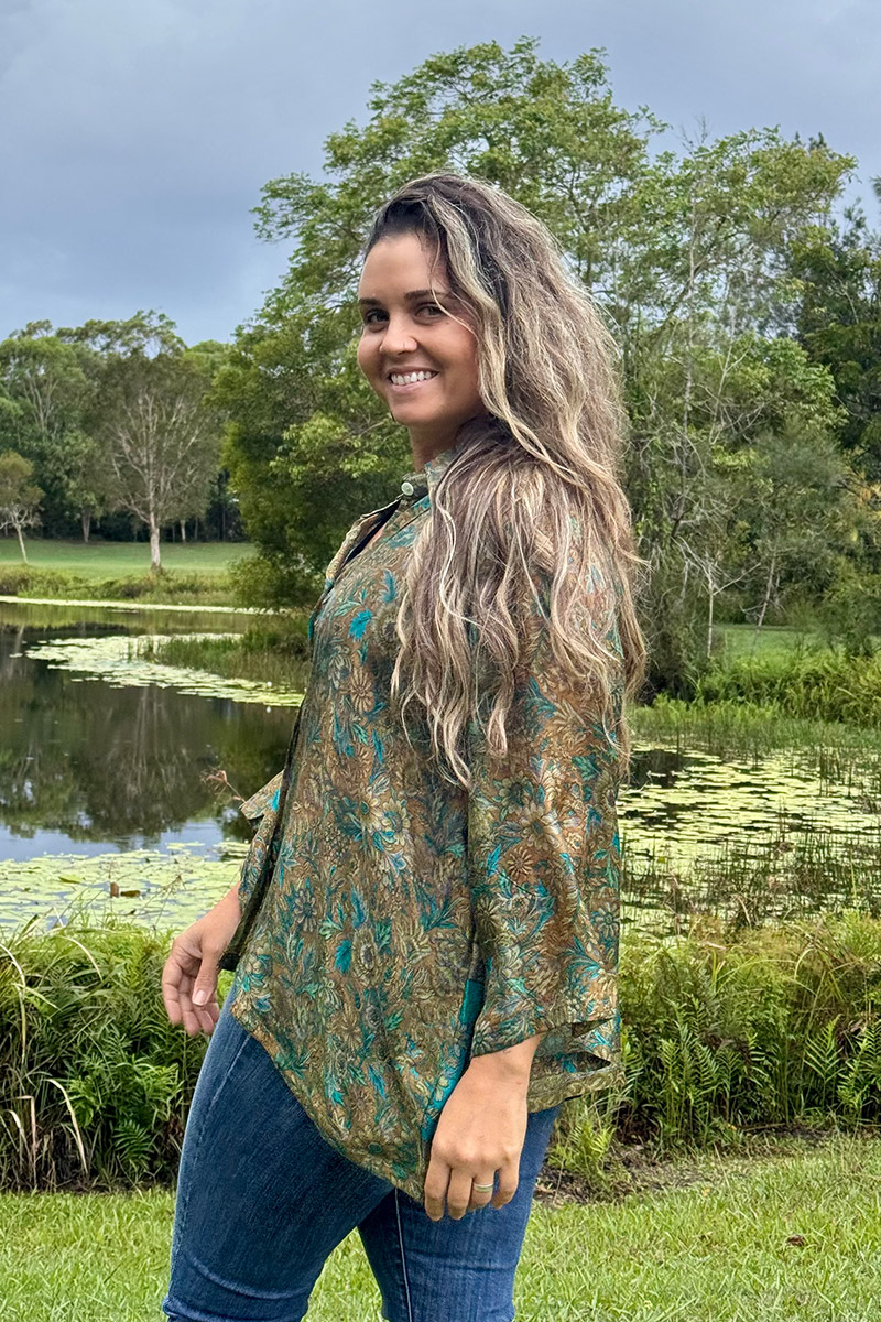 Womens, Vintage Sari Amira blouse, Silk, Earthy Green, Myrtle
