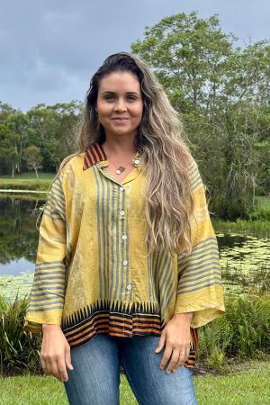 Womens, Vintage Sari Amira blouse, Silk, Yellow & Ocre stripes, Tuscan
