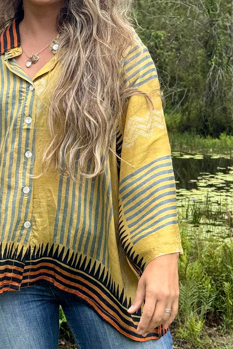 Womens, Vintage Sari Amira blouse, Silk, Yellow & Ocre stripes, Tuscan