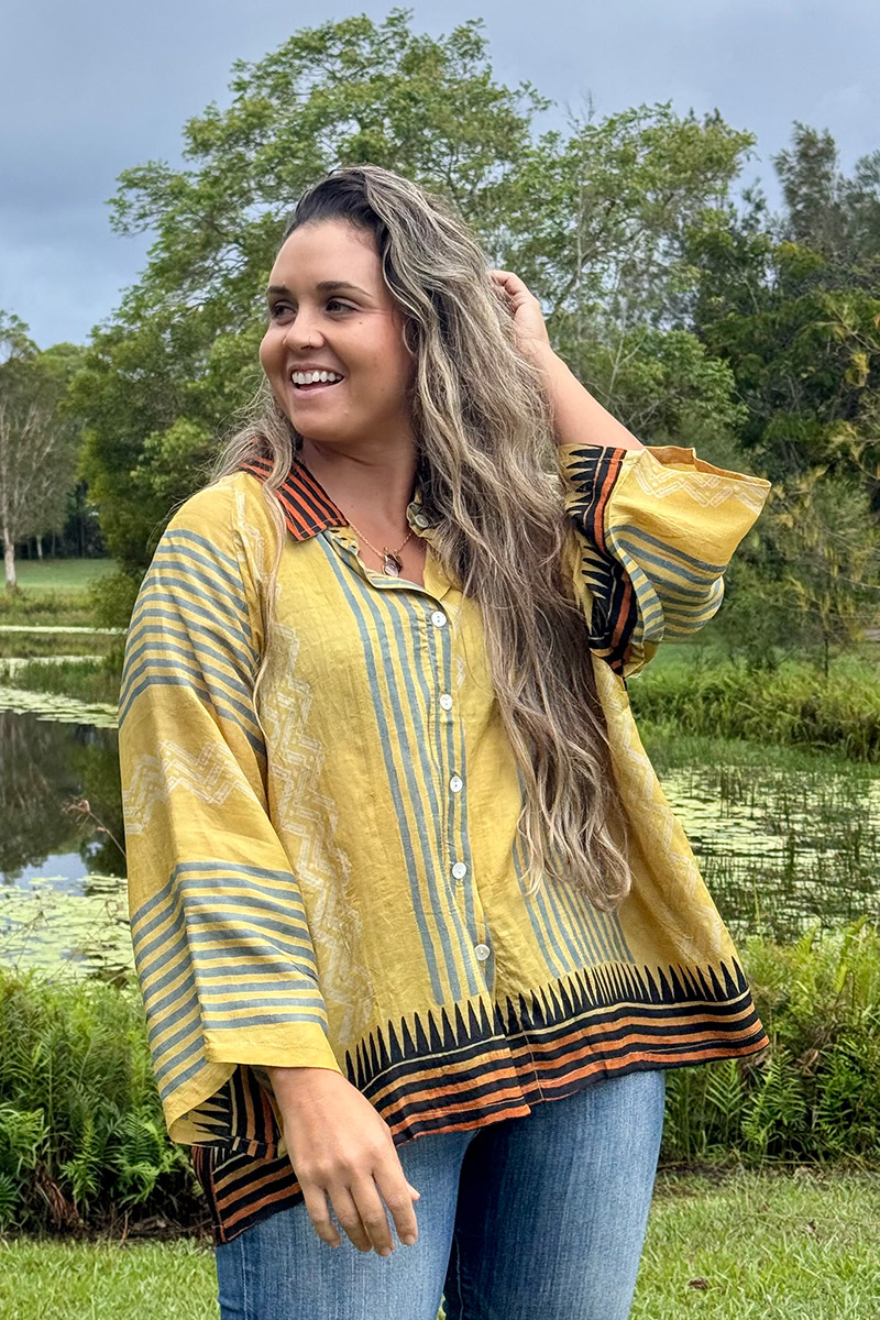 Womens, Vintage Sari Amira blouse, Silk, Yellow & Ocre stripes, Tuscan