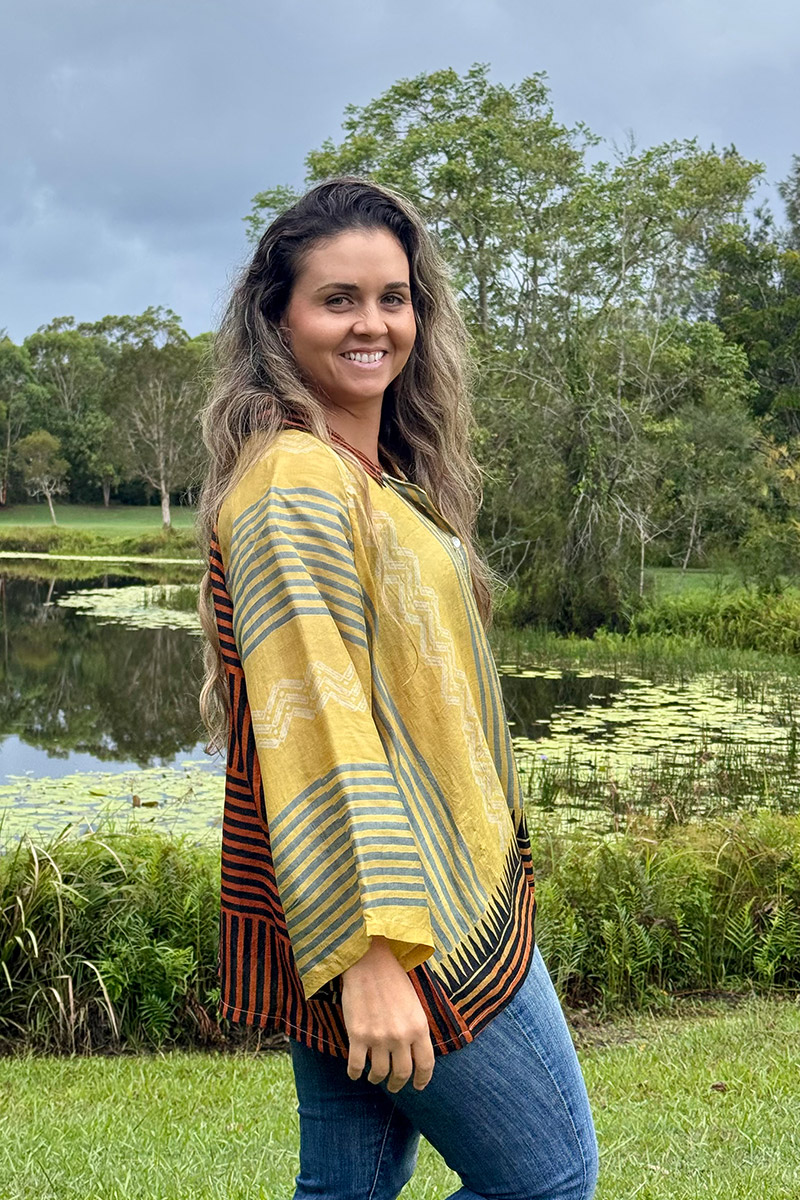 Womens, Vintage Sari Amira blouse, Silk, Yellow & Ocre stripes, Tuscan