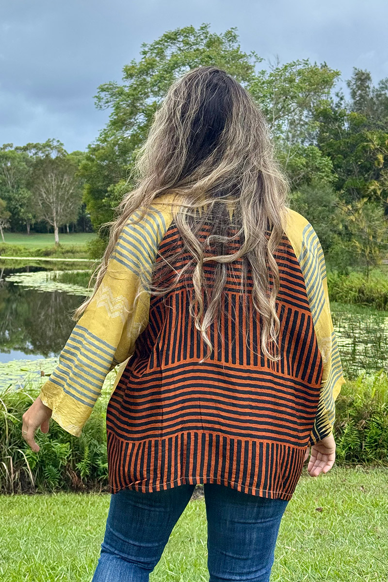 Womens, Vintage Sari Amira blouse, Silk, Yellow & Ocre stripes, Tuscan