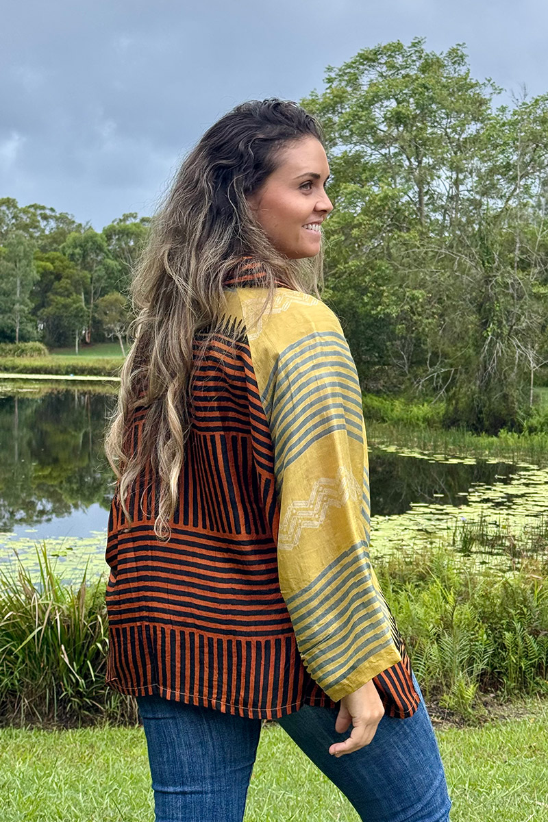 Womens, Vintage Sari Amira blouse, Silk, Yellow & Ocre stripes, Tuscan