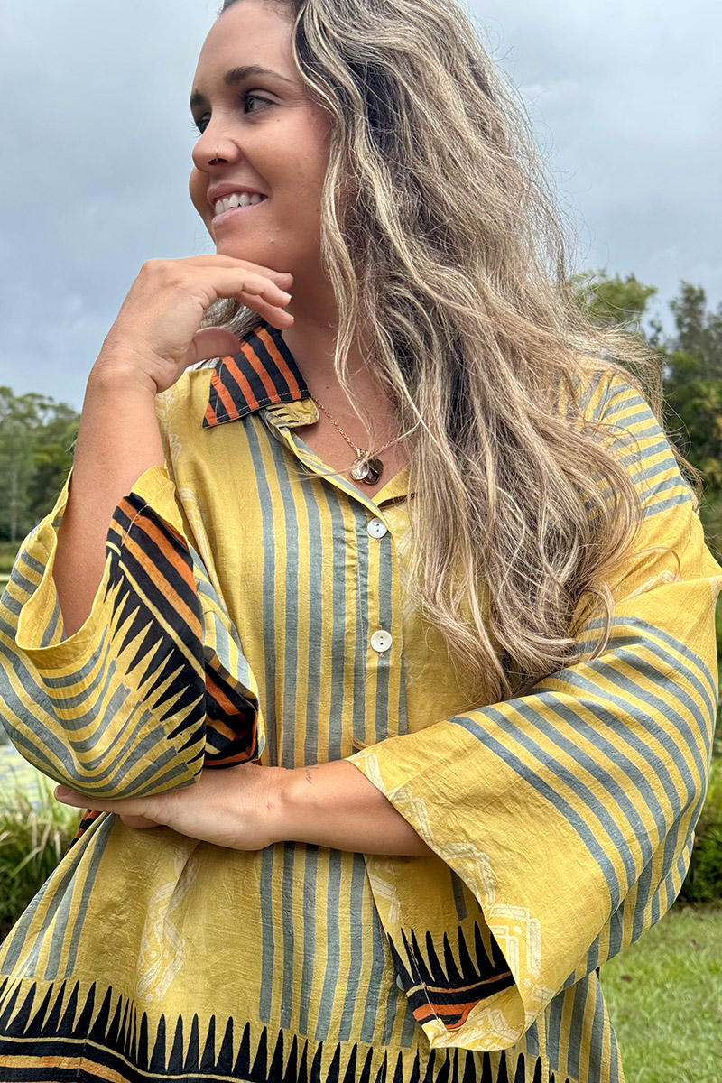 Womens, Vintage Sari Amira blouse, Silk, Yellow & Ocre stripes, Tuscan