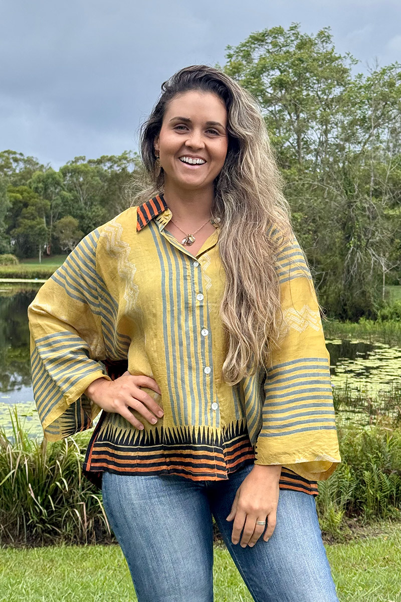 Womens, Vintage Sari Amira blouse, Silk, Yellow & Ocre stripes, Tuscan