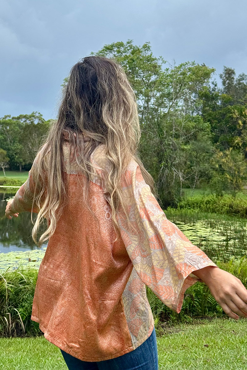 Womens, Vintage Sari Amira blouse, Silk, Apricot tones, Coral