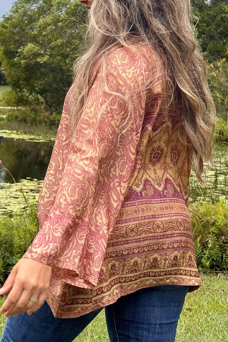 Womens, Vintage Sari Amira blouse, Silk, Maroon on Sepia, Rapture