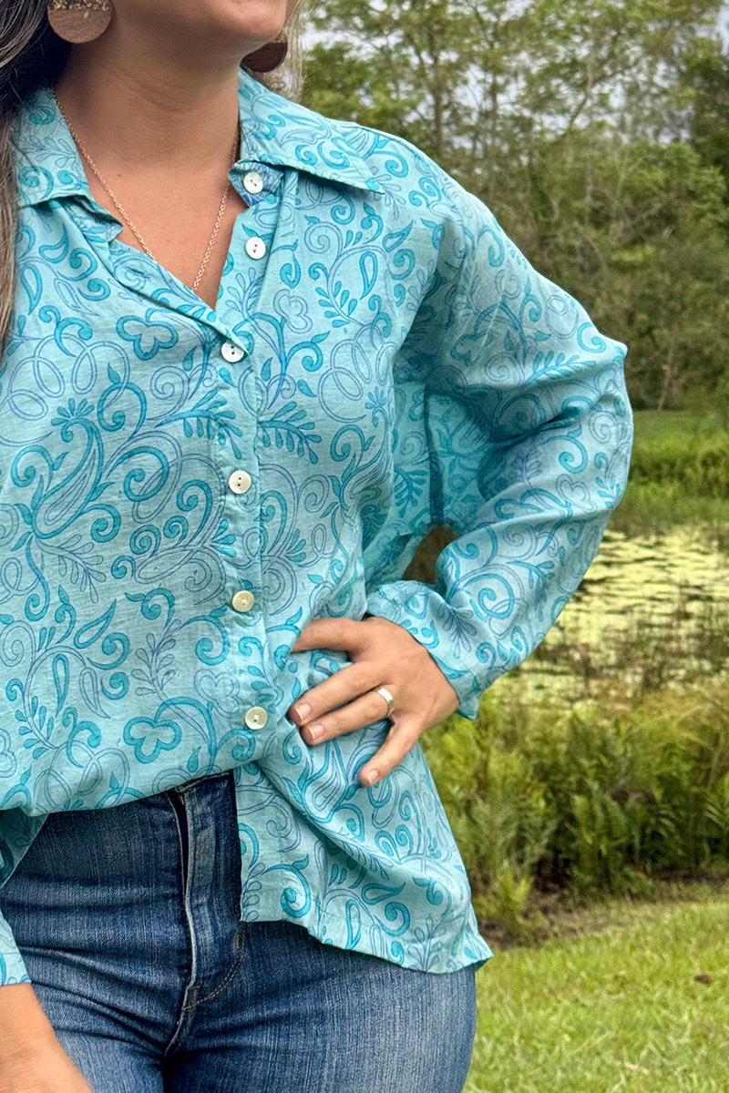Womens, Vintage Sari Amira blouse, Silk, Clear Blue, Capri