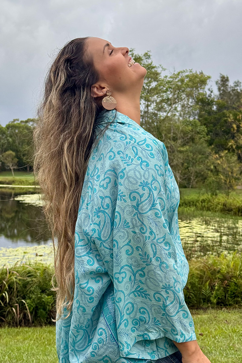 Womens, Vintage Sari Amira blouse, Silk, Clear Blue, Capri
