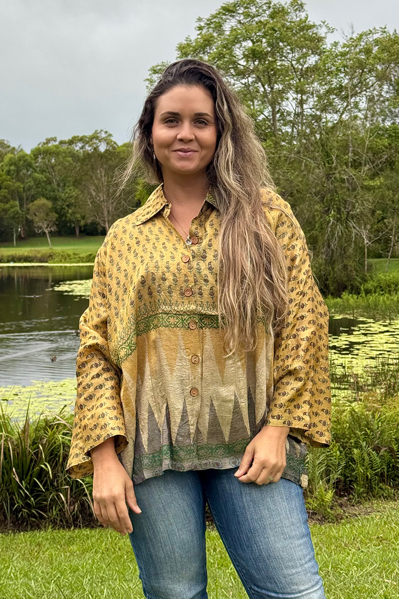 Womens, Vintage Sari Amira blouse, wool/silk, Golden shades, Gold Dust