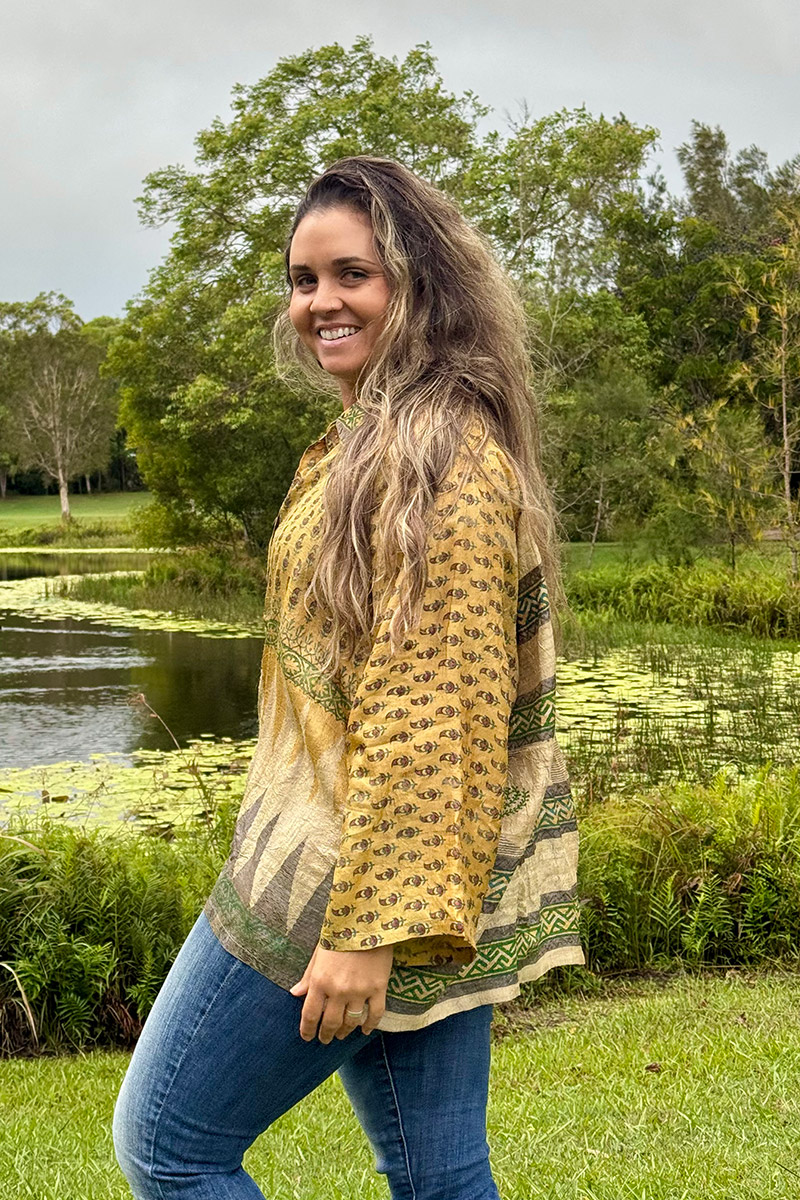 Womens, Vintage Sari Amira blouse, wool/silk, Golden shades, Gold Dust