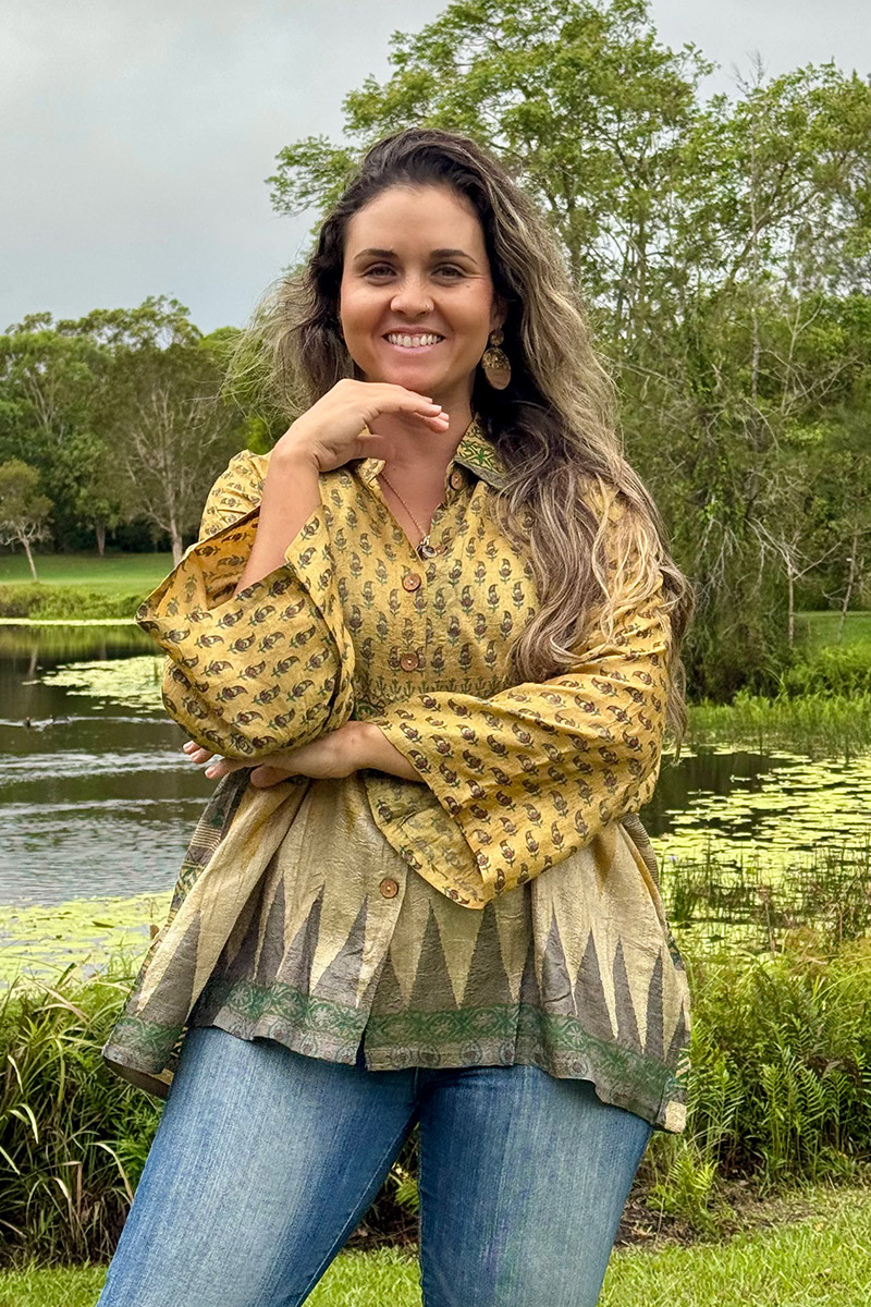 Womens, Vintage Sari Amira blouse, wool/silk, Golden shades, Gold Dust
