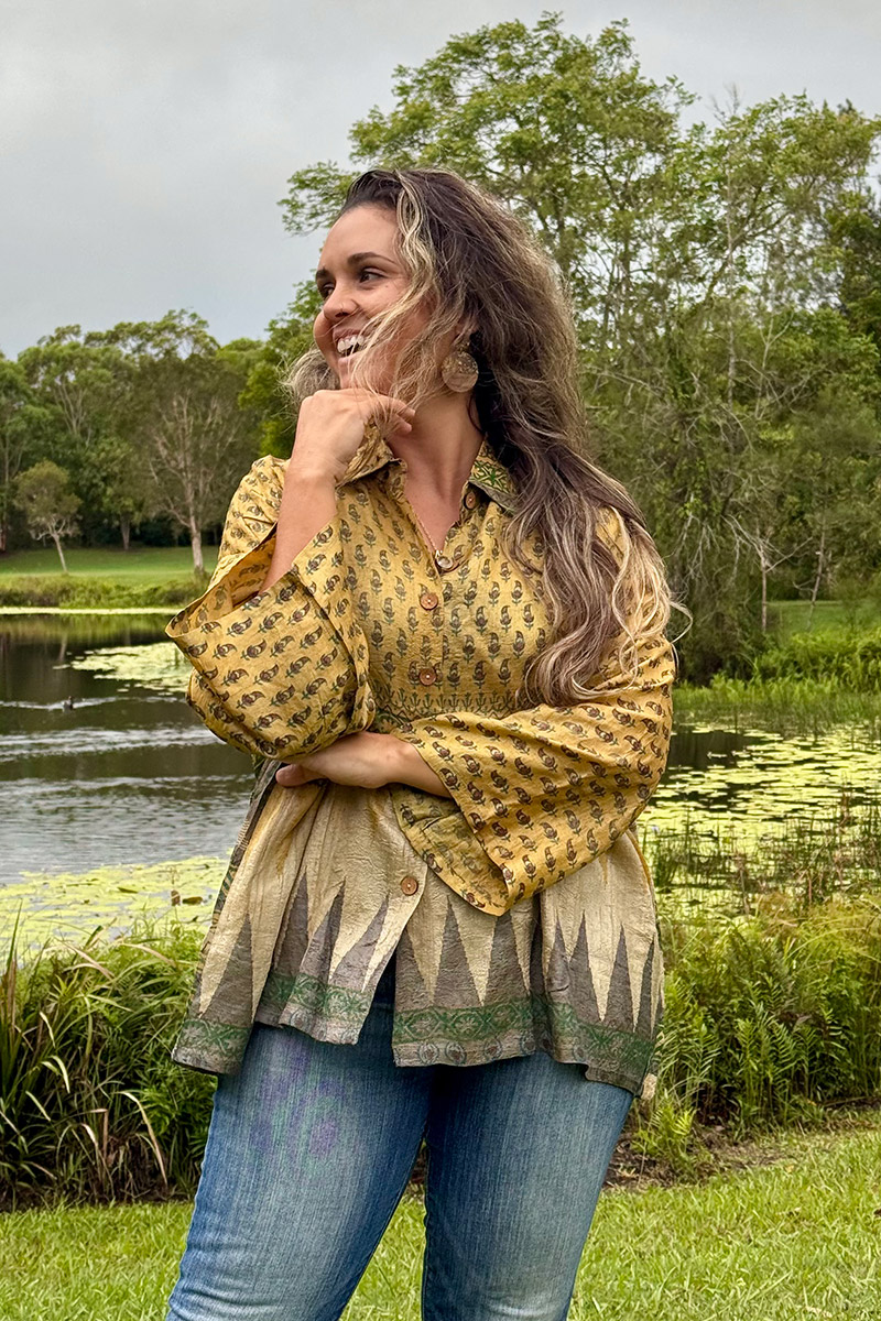 Womens, Vintage Sari Amira blouse, wool/silk, Golden shades, Gold Dust