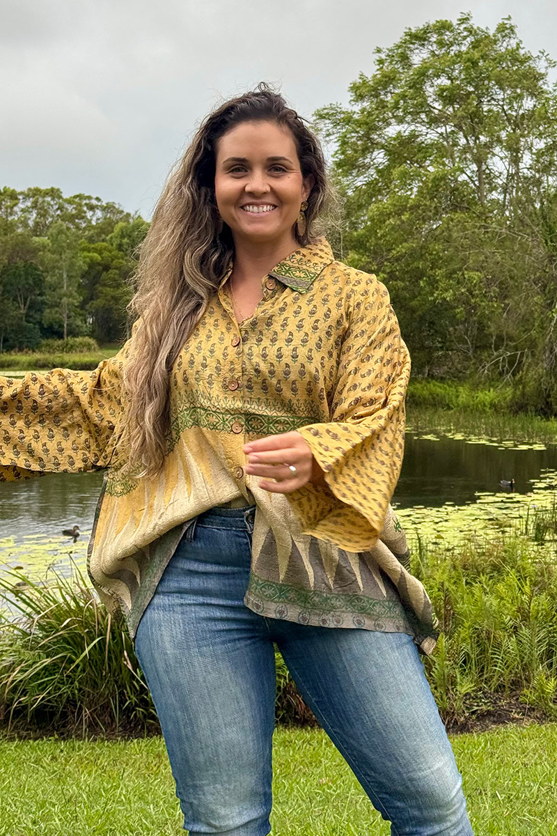 Womens, Vintage Sari Amira blouse, wool/silk, Golden shades, Gold Dust