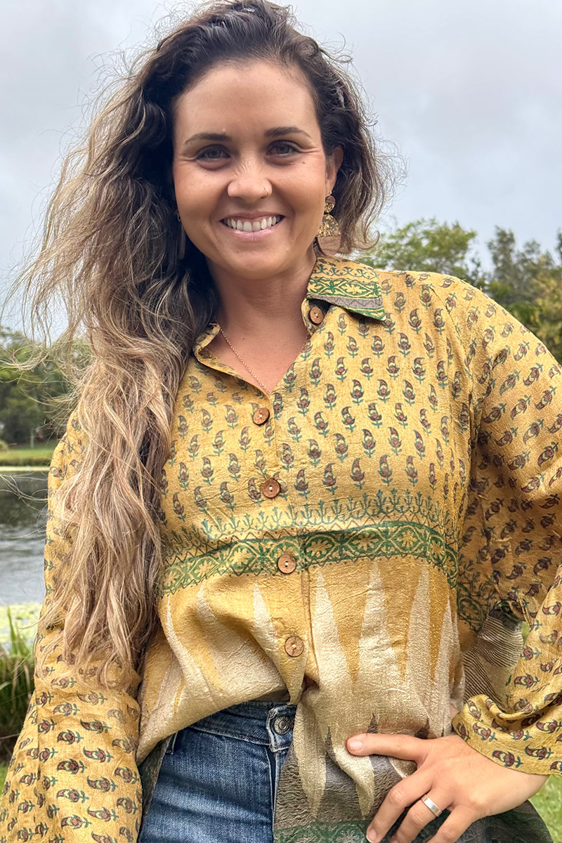 Womens, Vintage Sari Amira blouse, wool/silk, Golden shades, Gold Dust