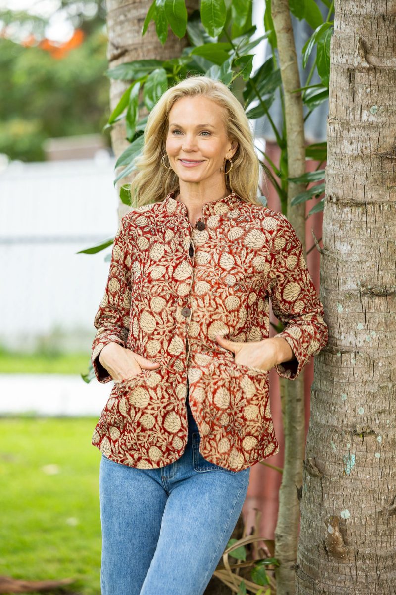 Womens, Tilbra Jacket, long sleeve, 100% cotton corduroy, hand block print. In natural Rustic Red Jivana print.