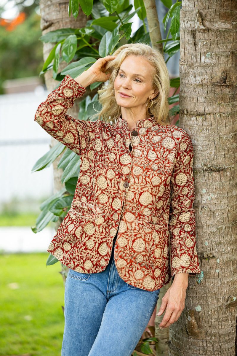 Womens, Tilbra Jacket, long sleeve, 100% cotton corduroy, hand block print. In natural Rustic Red Jivana print.