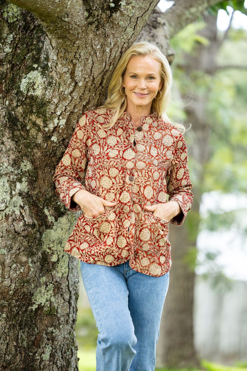 Womens, Tilbra Jacket, long sleeve, 100% cotton corduroy, hand block print. In natural Rustic Red Jivana print.